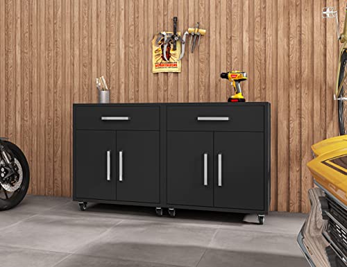 Manhattan Comfort Eiffel 28.35" Mobile Garage Storage Cabinet with 1 Drawer & 2 Shelving Spaces, Set of 2, Black