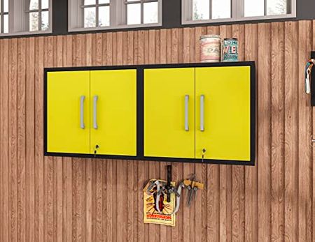 Manhattan Comfort Eiffel Floating Garage Storage with Lock and Key, Space Saver Wall Cabinet, Set of 2, Yellow