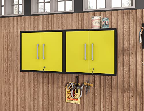 Manhattan Comfort Eiffel Floating Garage Storage with Lock and Key, Space Saver Wall Cabinet, Set of 2, Yellow