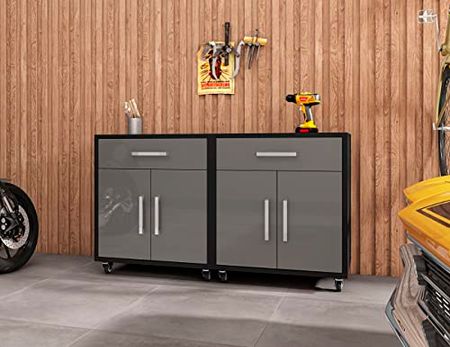 Manhattan Comfort Eiffel 28.35" Mobile Garage Storage Cabinet with 1 Drawer & 2 Shelving Spaces, Set of 2, Grey