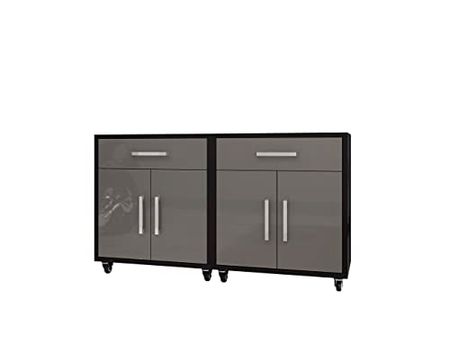 Manhattan Comfort Eiffel 28.35" Mobile Garage Storage Cabinet with 1 Drawer & 2 Shelving Spaces, Set of 2, Grey