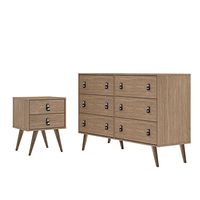Manhattan Comfort Amber Set of 2 Double Wide Dresser and Nightstand with Faux Leather Button Handles, Midcentury Modern Chest of Drawers for Bedroom and Living Room, Nature