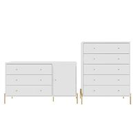 Manhattan Comfort Jasper Set of 2 Sideboard and Tall Dresser for Bedroom, Modern Style Full Extension Chest of Drawers for Closet or Living Room, White