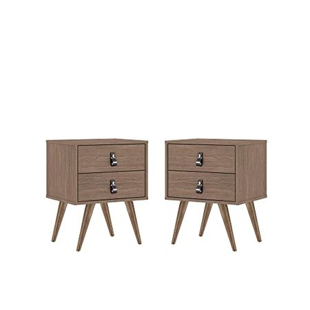 Manhattan Comfort Amber Nightstand with Faux Leather Button Handles, Midcentury Modern End Tables for The Bedroom and Living Room, Set of 2, Nature