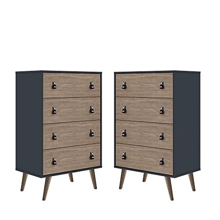 Manhattan Comfort Amber Tall Dresser with Faux Leather Button Handles, Midcentury Modern Chest of Drawers for Bedroom and Living Room, Set of 2, Blue/Nature
