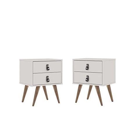 Manhattan Comfort Amber Nightstand with Faux Leather Button Handles, Midcentury Modern End Tables for The Bedroom and Living Room, Set of 2, White