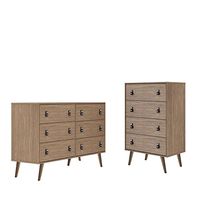 Manhattan Comfort Amber Set of 2 Double Wide and Tall Dresser with Faux Leather Button Handles, Midcentury Modern Chest of Drawers for Bedroom and Living Room, Nature