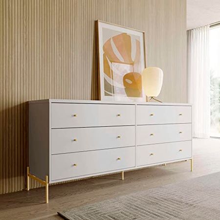 Manhattan Comfort Jasper 71.65" Double Dresser for Bedroom with Steel Gold Legs, Modern Style Full Extension Chest of Drawers for Closet or Living Room, White