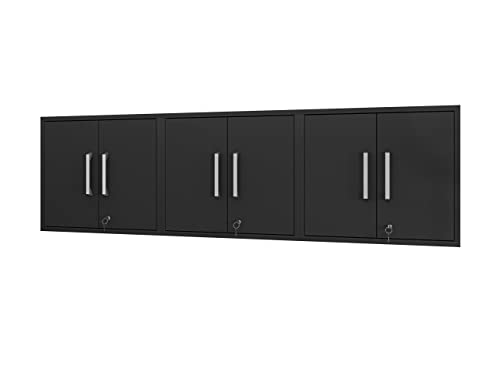 Manhattan Comfort Eiffel Floating Garage Storage with Lock and Key, Space Saver Wall Cabinet, Set of 3, Black