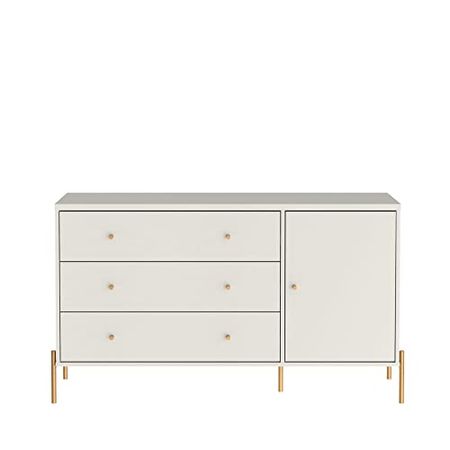 Manhattan Comfort Jasper 54.68" Dresser for Bedroom with Steel Gold Legs, Includes 1 Side Door and 3 Full Extension Chest of Drawers for Closet or Living Room, Off White