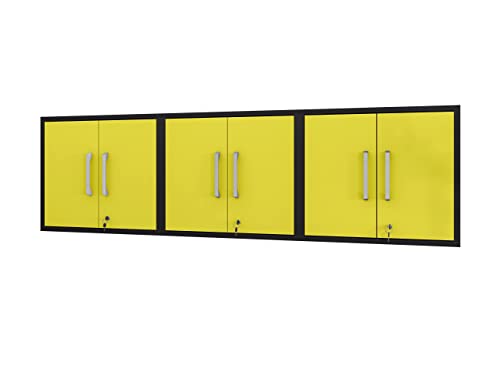 Manhattan Comfort Eiffel Floating Garage Storage with Lock and Key, Space Saver Wall Cabinet, Set of 3, Yellow