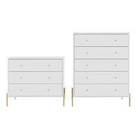 Manhattan Comfort Jasper Set of 2 Classic and Tall Dresser for Bedroom, Modern Style Full Extension Chest of Drawers for Closet or Living Room, White