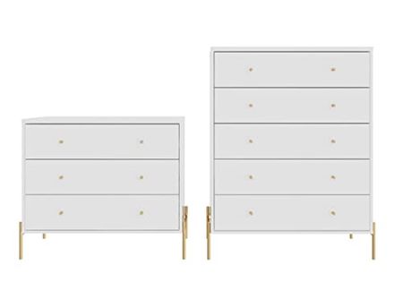 Manhattan Comfort Jasper Set of 2 Classic and Tall Dresser for Bedroom, Modern Style Full Extension Chest of Drawers for Closet or Living Room, White