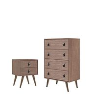 Manhattan Comfort Amber Set of 2 Tall Dresser and Nightstand with Faux Leather Button Handles, Midcentury Modern Chest of Drawers for Bedroom and Living Room, Nature
