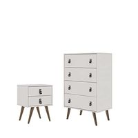 Manhattan Comfort Amber Set of 2 Tall Dresser and Nightstand with Faux Leather Button Handles, Midcentury Modern Chest of Drawers for Bedroom and Living Room, White