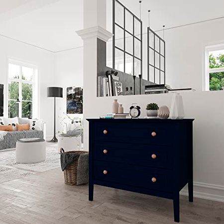 Manhattan Comfort Crown 31.29" Dresser with Rose Gold Metal Accent, Anti-Tip Kit Included, Modern Chest of Drawers for The Bedroom and Living Room, Tatiana Midnight Blue