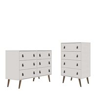 Manhattan Comfort Amber Set of 2 Double Wide and Tall Dresser with Faux Leather Button Handles, Midcentury Modern Chest of Drawers for Bedroom and Living Room, White