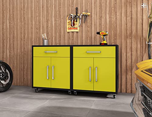 Manhattan Comfort Eiffel 28.35" Mobile Garage Storage Cabinet with 1 Drawer & 2 Shelving Spaces, Set of 2, Yellow