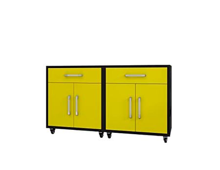 Manhattan Comfort Eiffel 28.35" Mobile Garage Storage Cabinet with 1 Drawer & 2 Shelving Spaces, Set of 2, Yellow