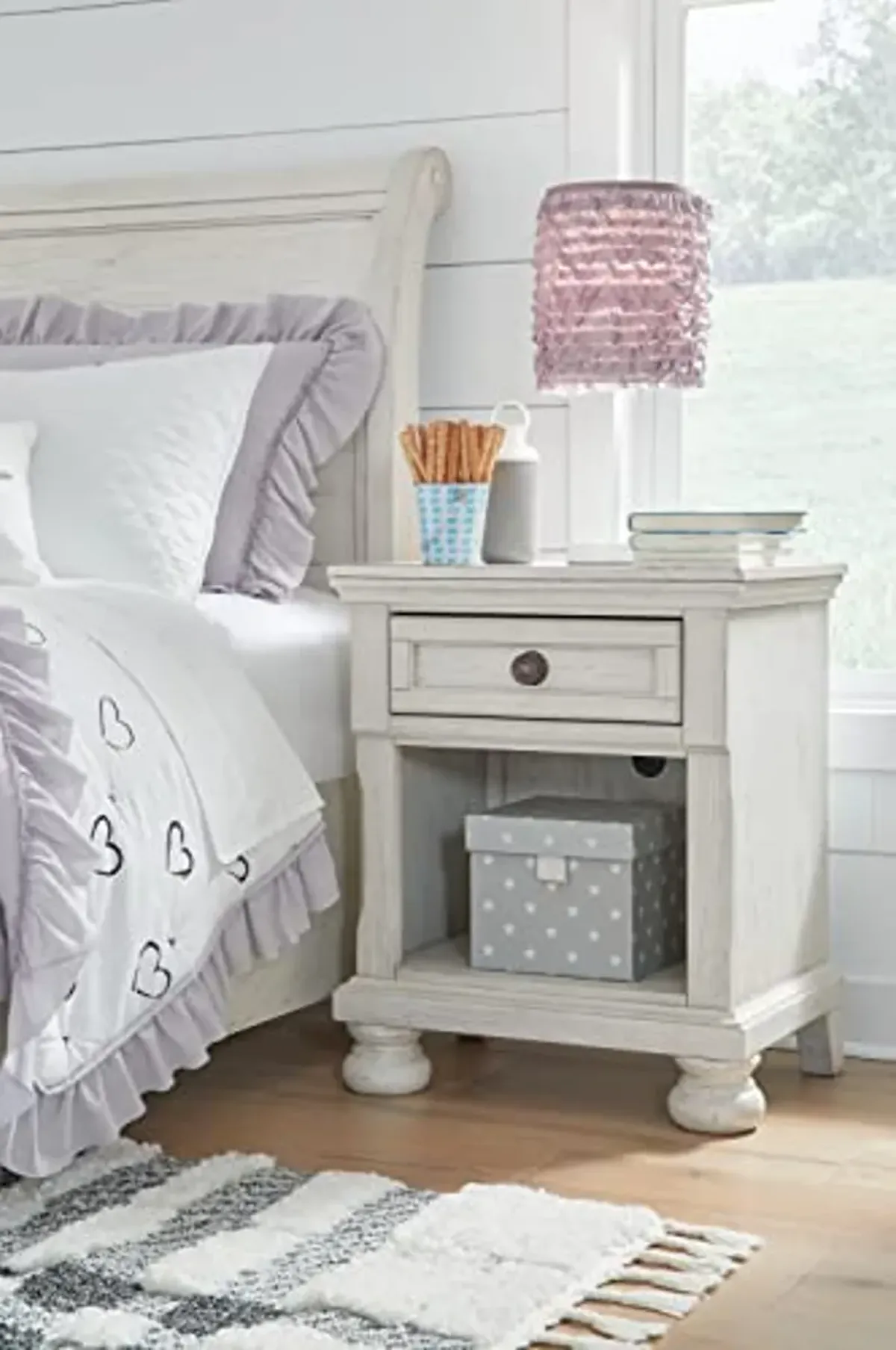 Signature Design by Ashley Robbinsdale Coastal 1-Drawer Nightstand with Cubby Storage, 26.75" Tall, White