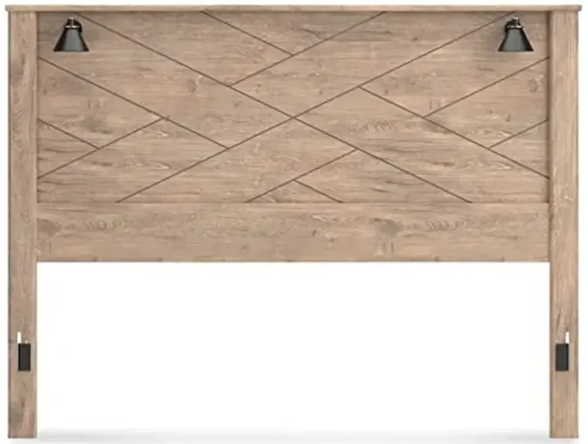 Signature Design by Ashley Senniberg Contemporary Panel Headboard with Decorative Sconce Lights ONLY, King, Light Brown & Beige