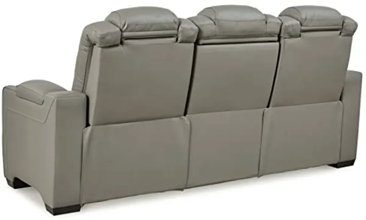 Signature Design by Ashley Backtrack Contemporary Tufted Leather Power Reclining Sofa with Adjustable Headrest, Light Gray