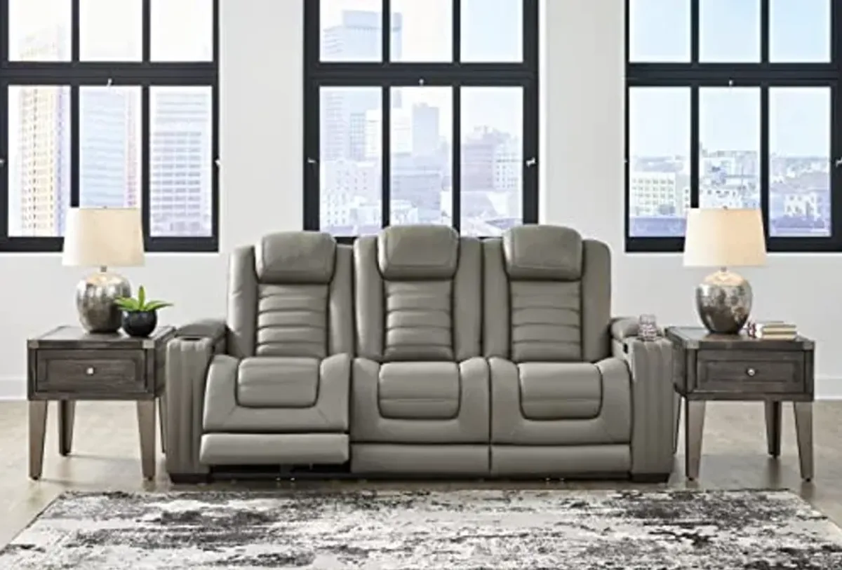 Signature Design by Ashley Backtrack Contemporary Tufted Leather Power Reclining Sofa with Adjustable Headrest, Light Gray