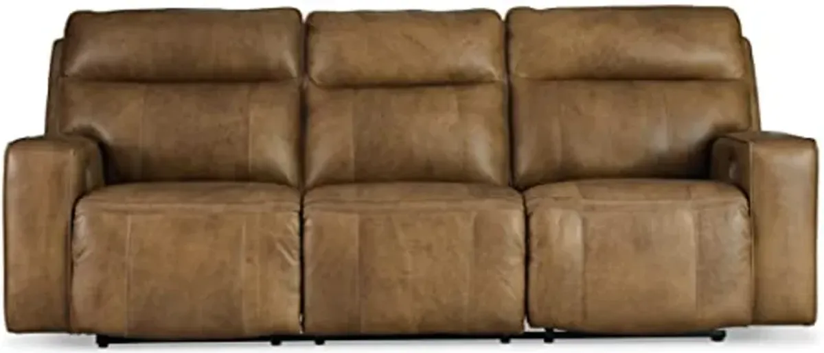 Signature Design by Ashley Game Plan Contemporary Tufted Leather Power Reclining Sofa with Adjustable Headrest, Light Brown