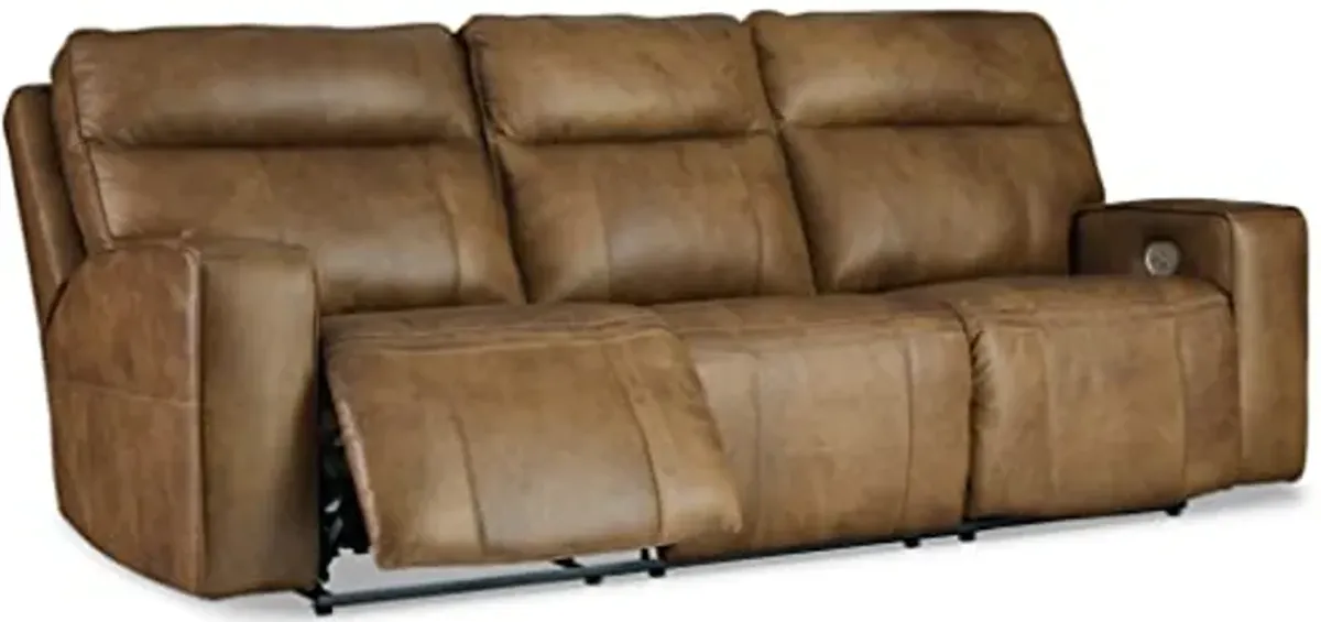 Signature Design by Ashley Game Plan Contemporary Tufted Leather Power Reclining Sofa with Adjustable Headrest, Light Brown