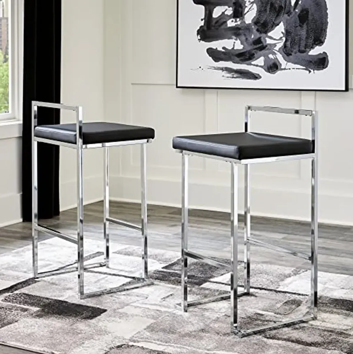 Signature Design by Ashley Madanere Contemporary Tall Upholstered Stool with Metal Frame, 2 Count,Black & Chrome