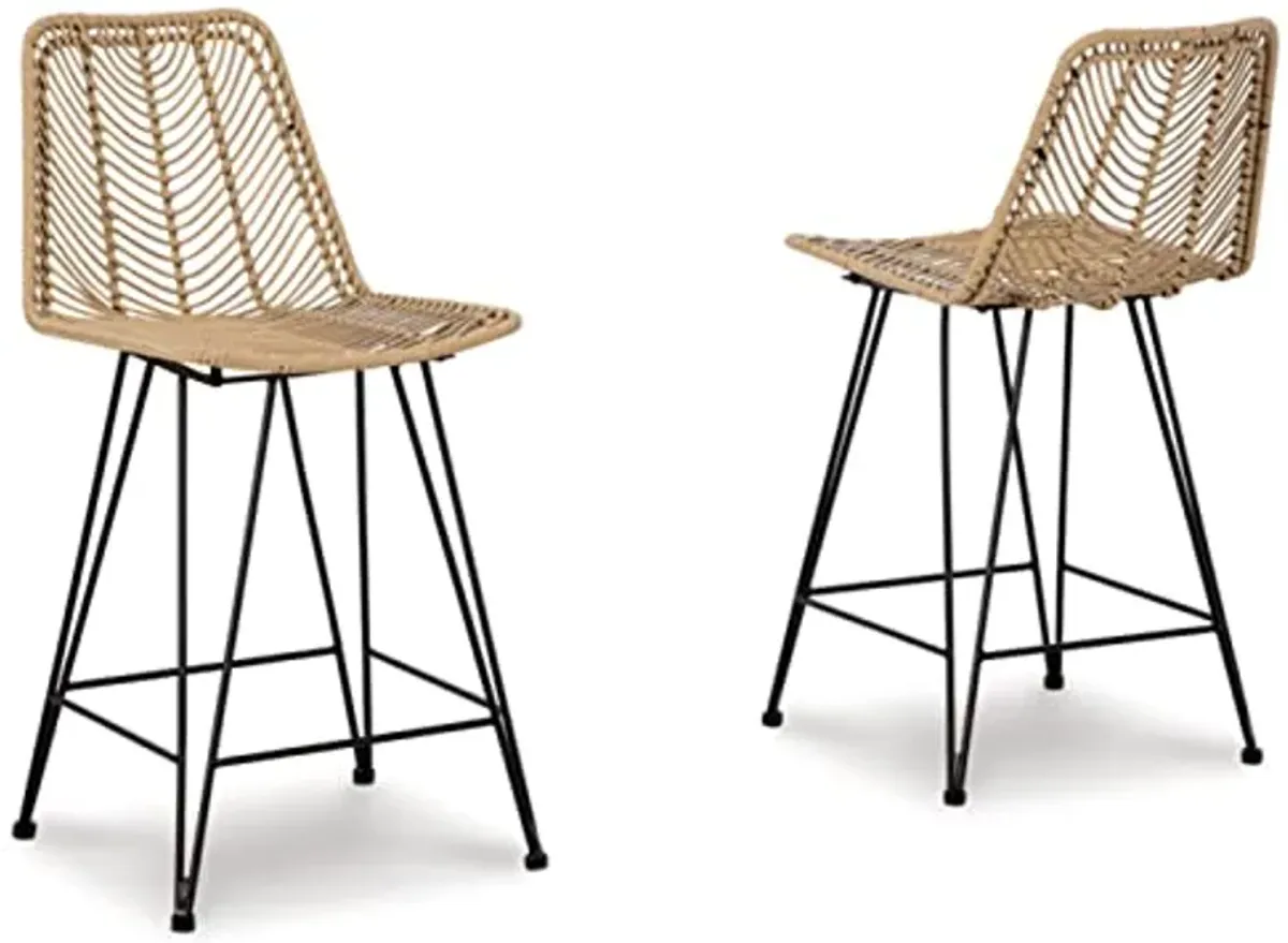 Signature Design by Ashley Angentree Bohemian Wicker Counter Height Barstool with Footrest, Set of 2, Black & Beige