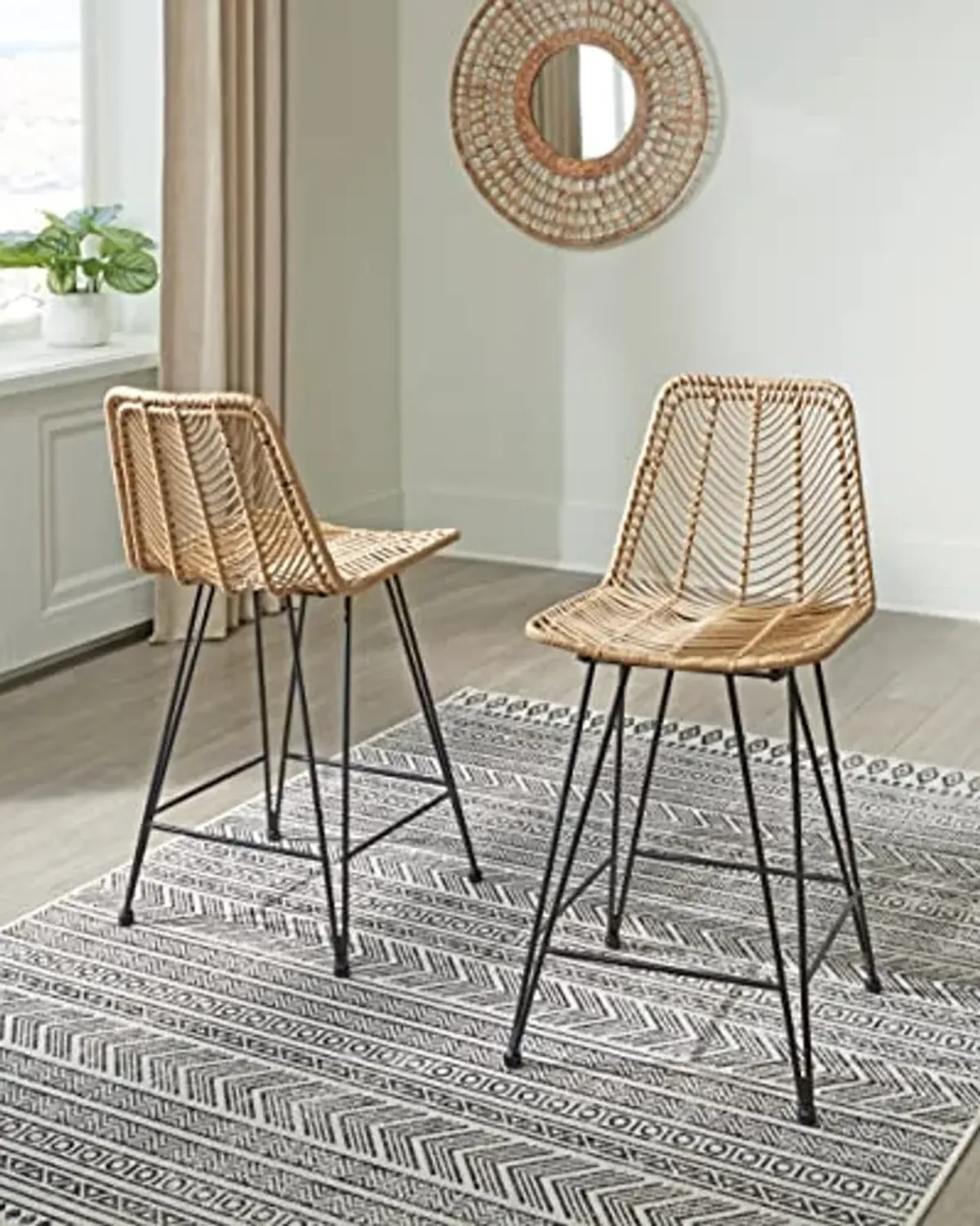 Signature Design by Ashley Angentree Bohemian Wicker Counter Height Barstool with Footrest, Set of 2, Black & Beige