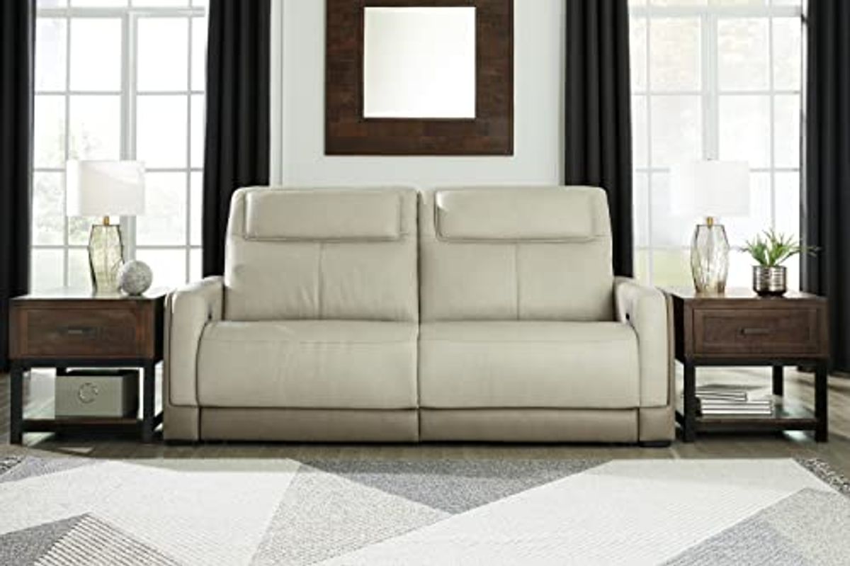 Signature Design by Ashley Battleville Contemporary Leather 2 Seat Power Reclining Sofa with Adjustable Headrest, Light Gray