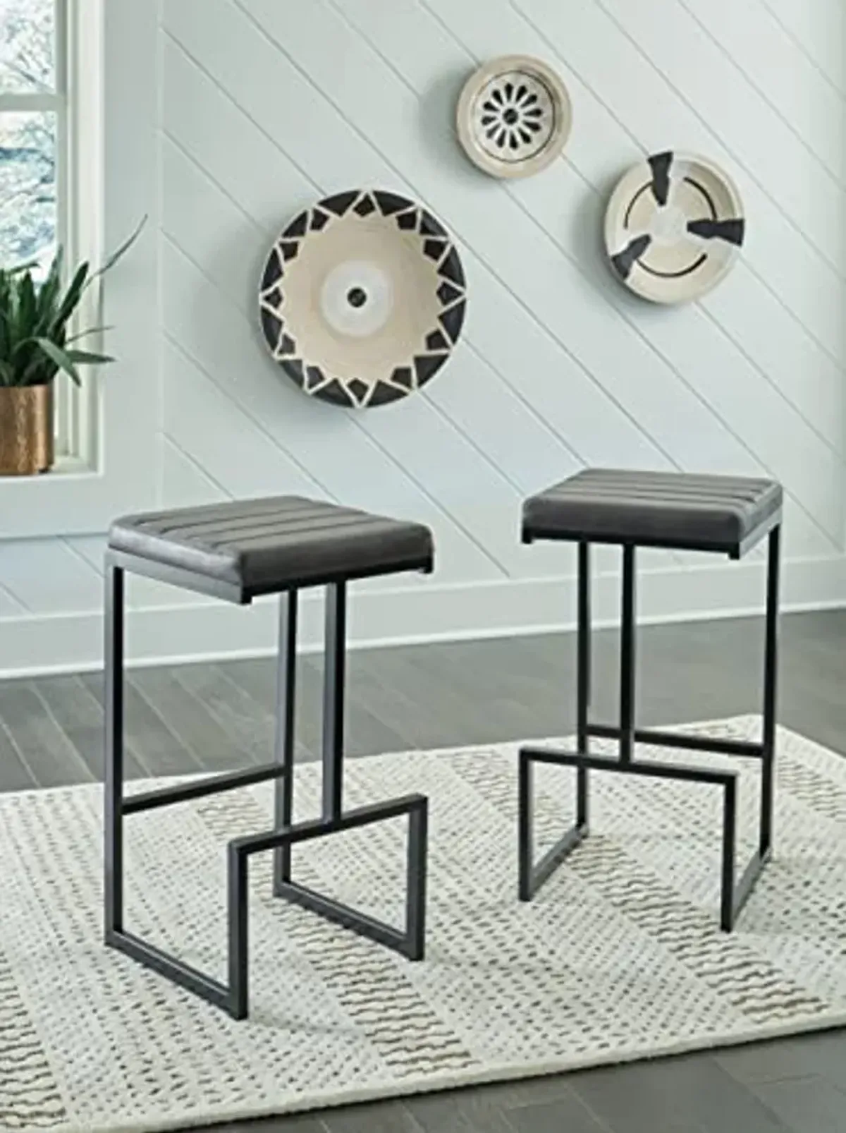 Signature Design by Ashley Strumford Modern Tall Upholstered Barstool with Metal Frame, 2 Count, Black & Gray