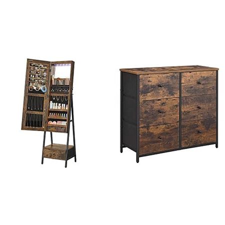 SONGMICS LED Jewelry Cabinet with Full-Length Mirror, Bottom Drawer and Shelf, Rustic Brown UJJC025X01 6 Drawer Dresser with Metal Frame, Wooden Top and Front, Brown and Black ULGS23H
