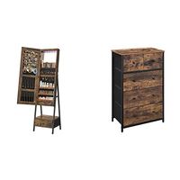 SONGMICS LED Jewelry Cabinet with Full-Length Mirror, Bottom Drawer and Shelf, Rustic Brown UJJC025X01 Storage Dresser with 5 Drawers, Wooden Front and Top, Brown and Black ULGS45H