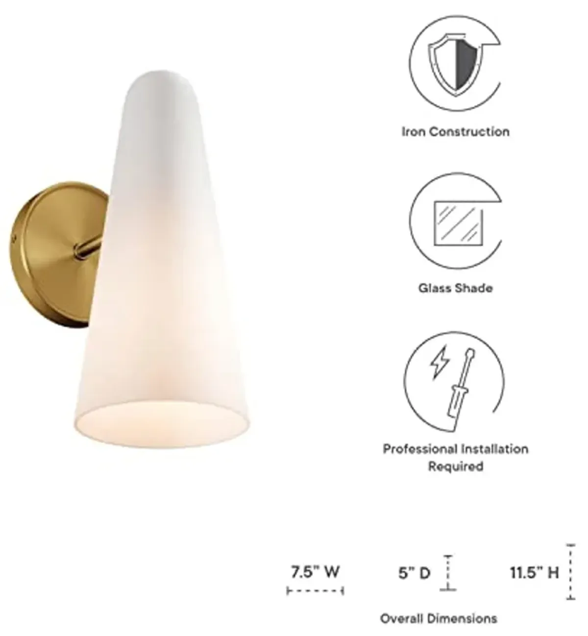 Modway Beacon 1-Light Wall Sconce in Opal Satin Brass,Brown, 7.5 x 5 x 11.5