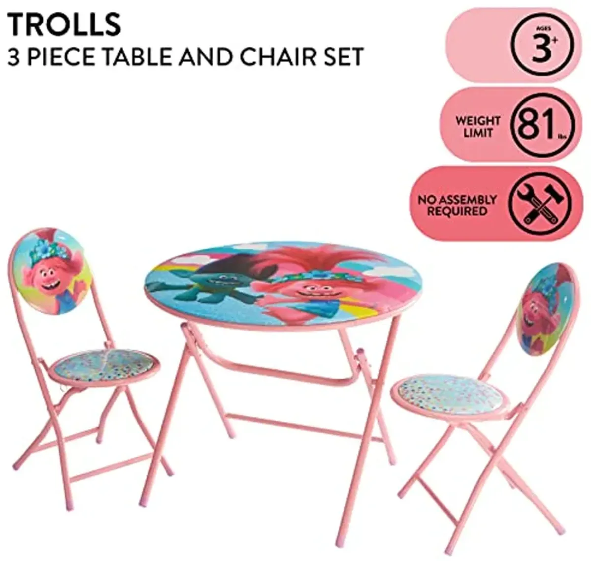 DreamWorks Trolls 3 Piece Foldable Round Table and Chair Set, Ages 3+