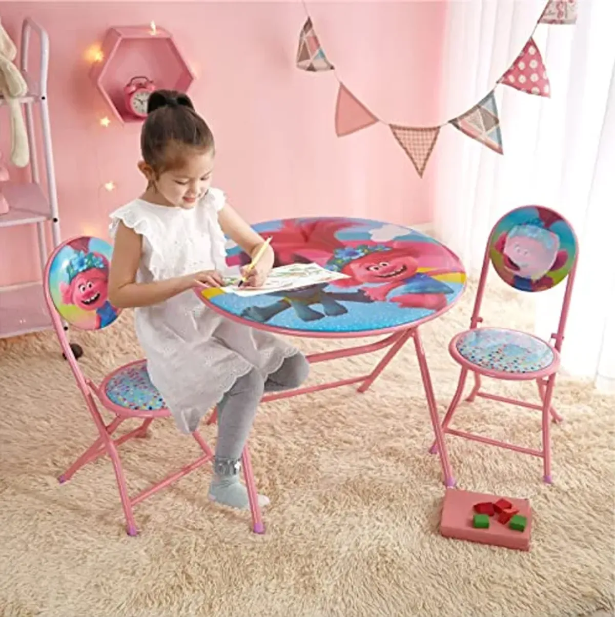 DreamWorks Trolls 3 Piece Foldable Round Table and Chair Set, Ages 3+