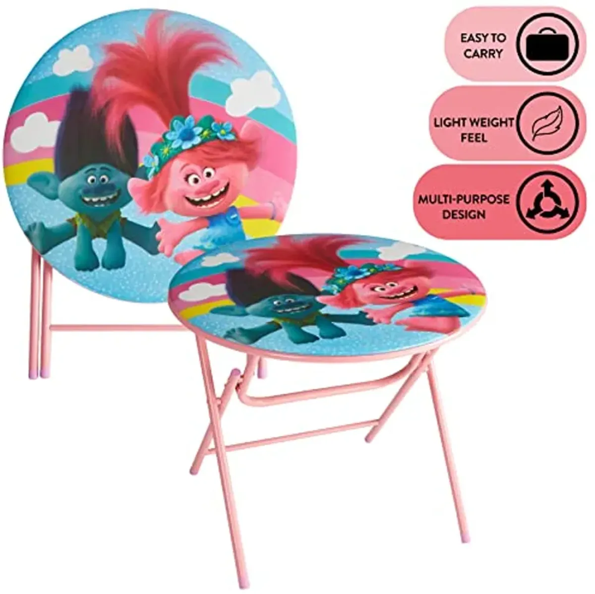 DreamWorks Trolls 3 Piece Foldable Round Table and Chair Set, Ages 3+