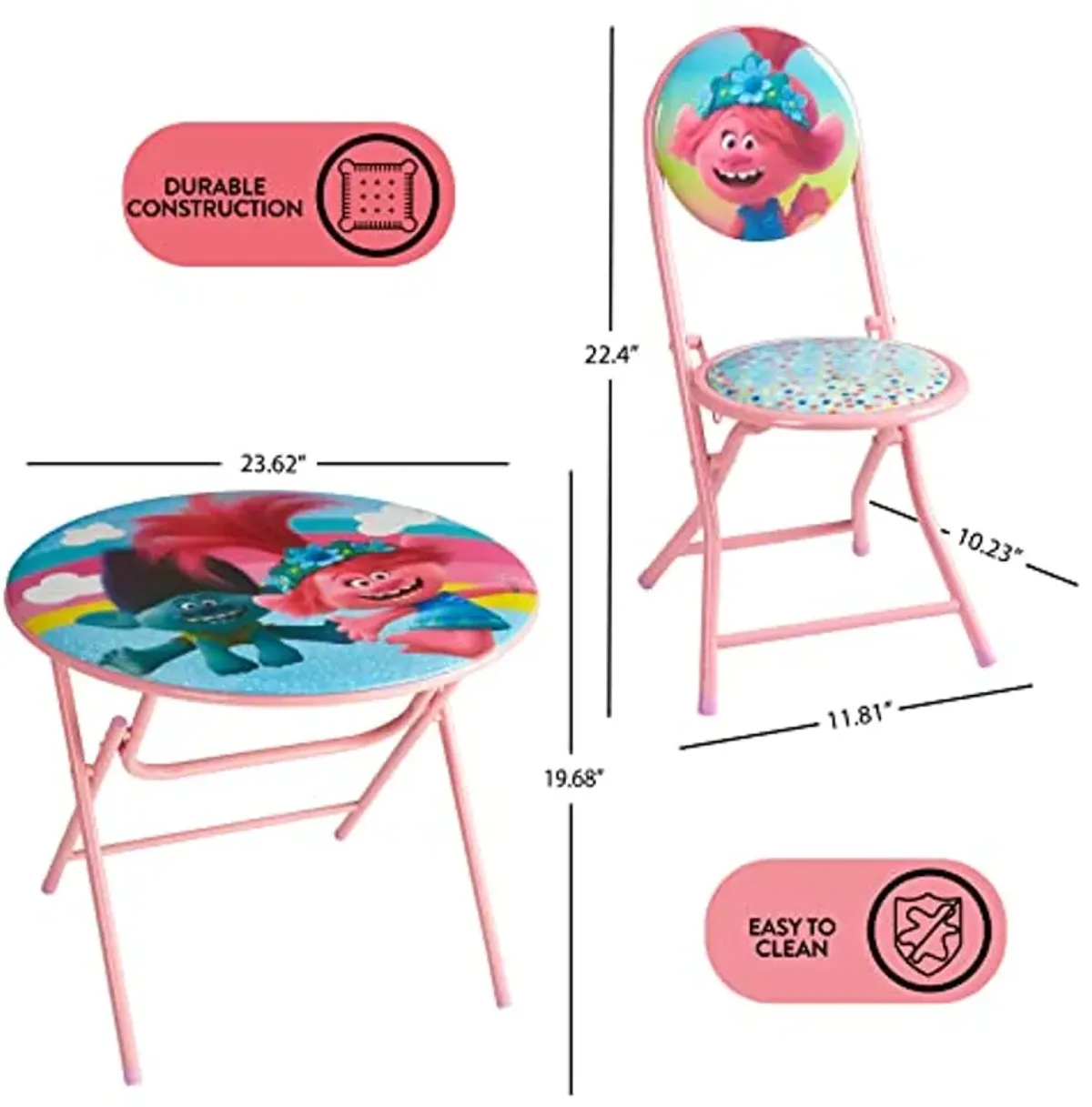 DreamWorks Trolls 3 Piece Foldable Round Table and Chair Set, Ages 3+