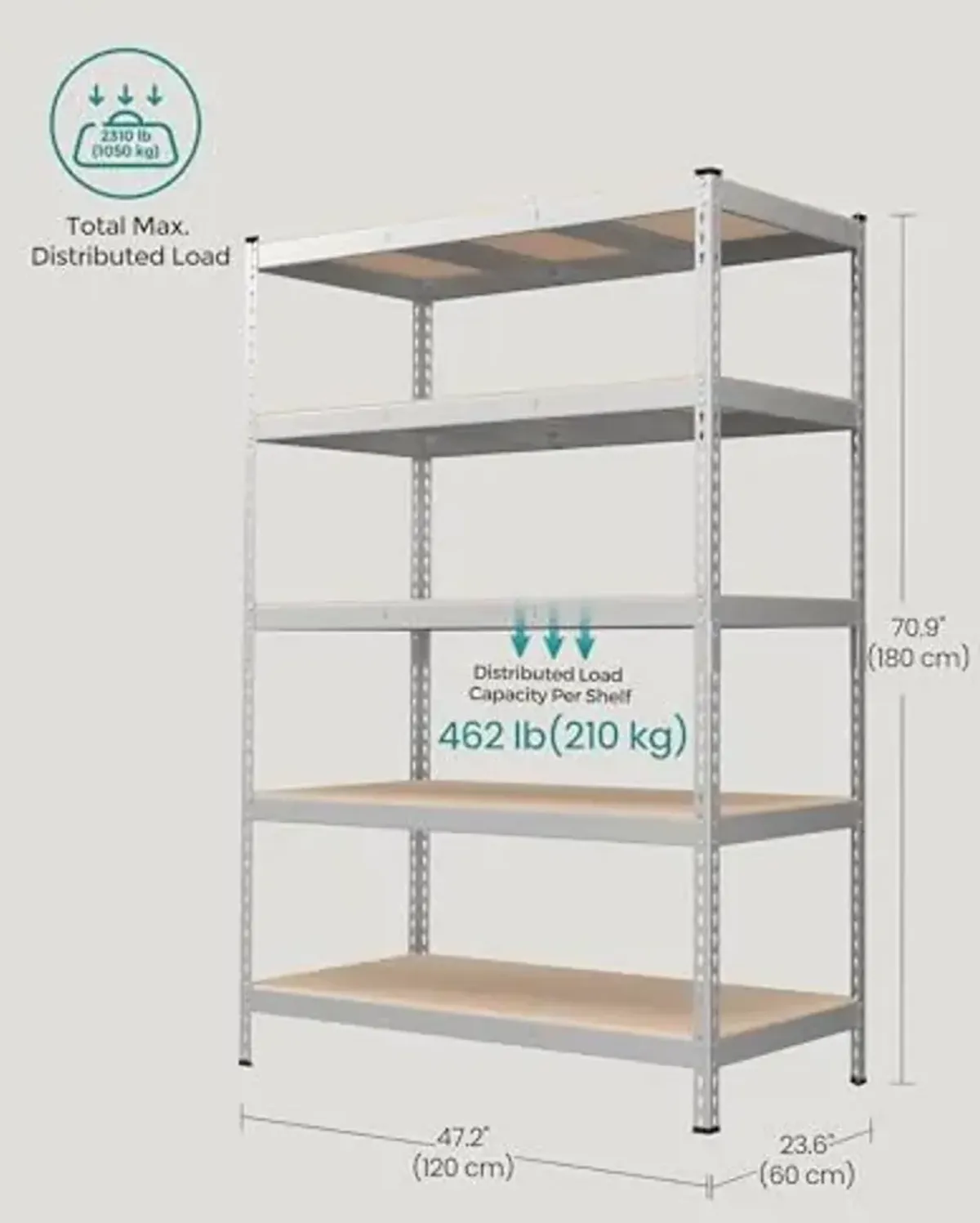 SONGMICS 5-Tier Storage Shelves, Load 2310 lb, Garage Storage, Boltless Assembly, Adjustable Shelving Unit, 23.6 x 47.2 x 70.9 Inches, for Study Shed Basement, Silver and Natural Beige UGLR600E01