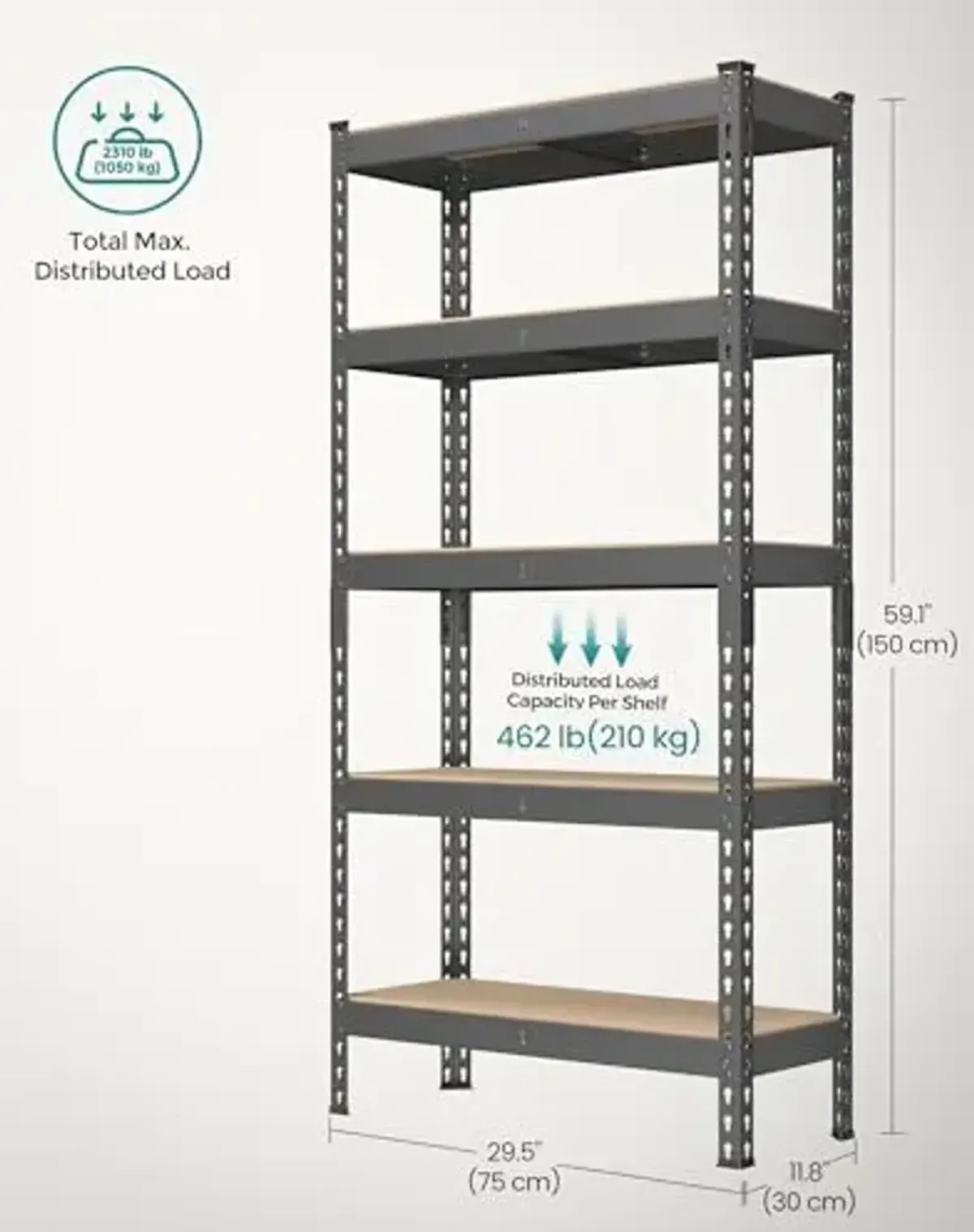 SONGMICS 5-Tier Storage Shelves, Load 2310 lb, Garage Storage, Boltless Assembly, Adjustable Shelving Unit, 11.8 x 29.5 x 59.1 Inches, for Study Shed Basement, Gray and Natural Beige UGLR300G01