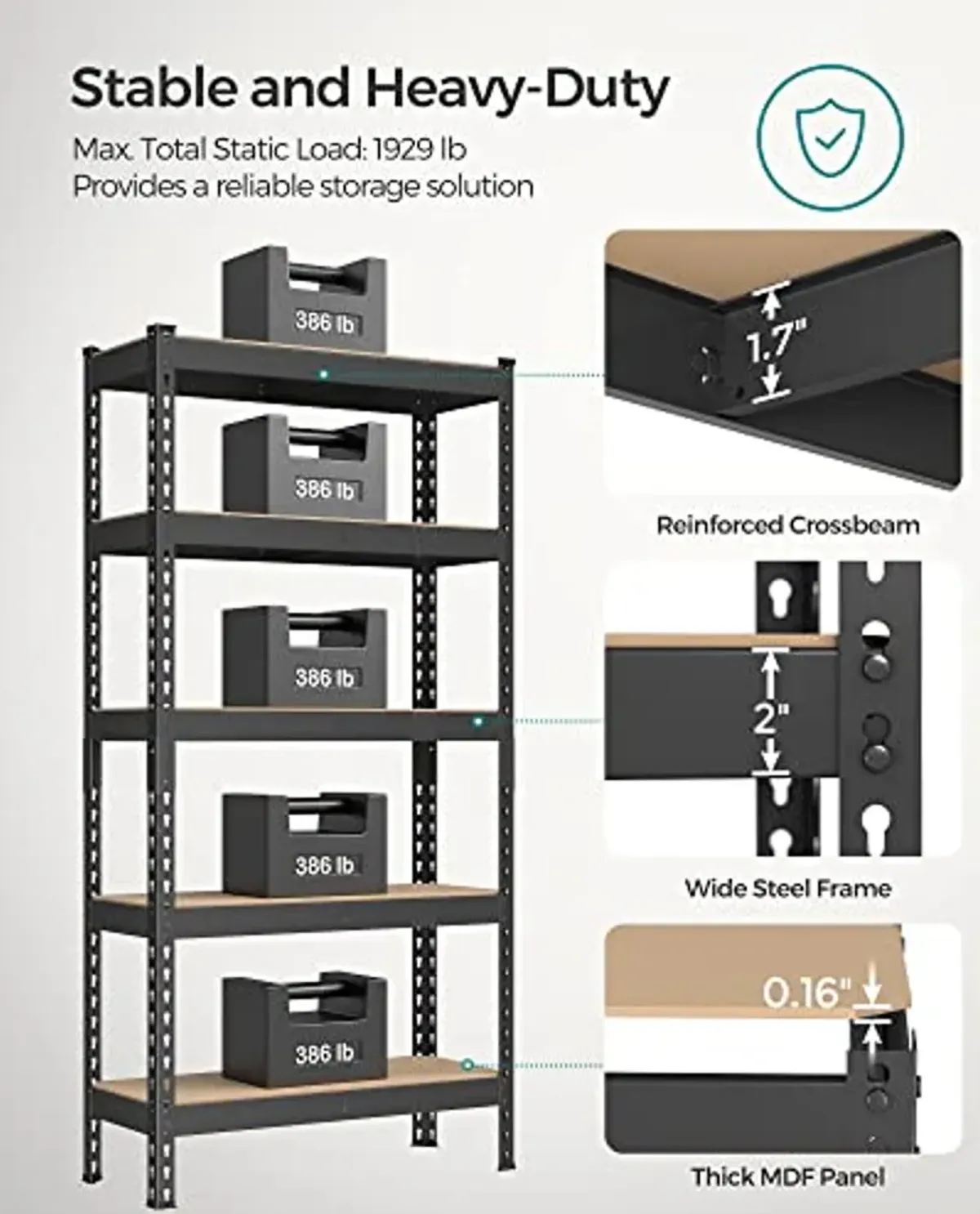 SONGMICS 5-Tier Storage Shelves, Garage Storage, Boltless Assembly, Adjustable Shelving Unit, 11.8 x 29.5 x 59.1 Inches, Load 1929 lb, for Shed Warehouse Basement Kitchen, Black UGLR300B01