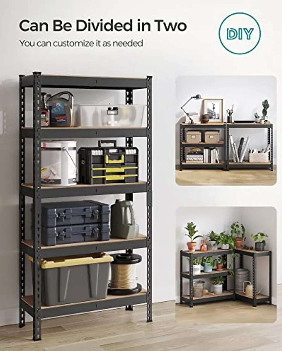 SONGMICS 5-Tier Storage Shelves, Garage Storage, Boltless Assembly, Adjustable Shelving Unit, 11.8 x 29.5 x 59.1 Inches, Load 1929 lb, for Shed Warehouse Basement Kitchen, Black UGLR300B01