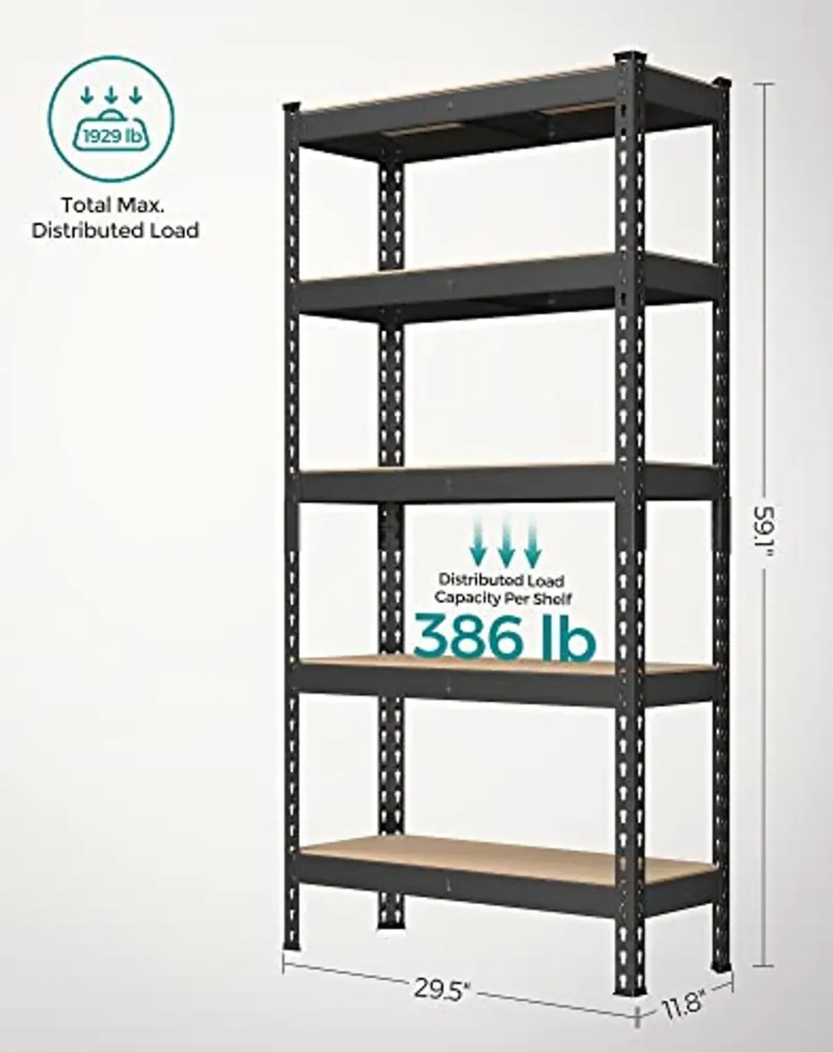 SONGMICS 5-Tier Storage Shelves, Garage Storage, Boltless Assembly, Adjustable Shelving Unit, 11.8 x 29.5 x 59.1 Inches, Load 1929 lb, for Shed Warehouse Basement Kitchen, Black UGLR300B01