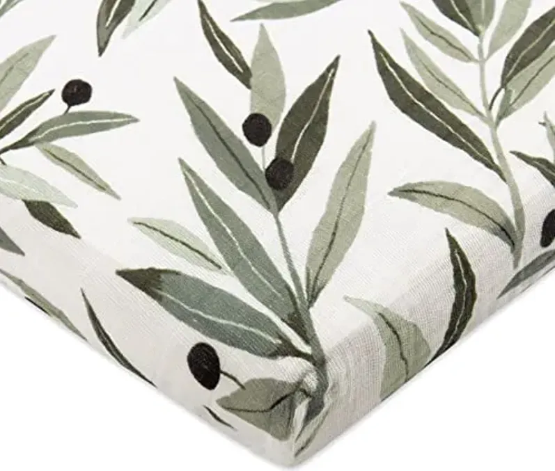 Babyletto 100% Organic Cotton All-Stages Midi Crib Sheet, GOTS-Certified, Fitted 360°, Ultra-Soft and Breathable Muslin - Olive Branches