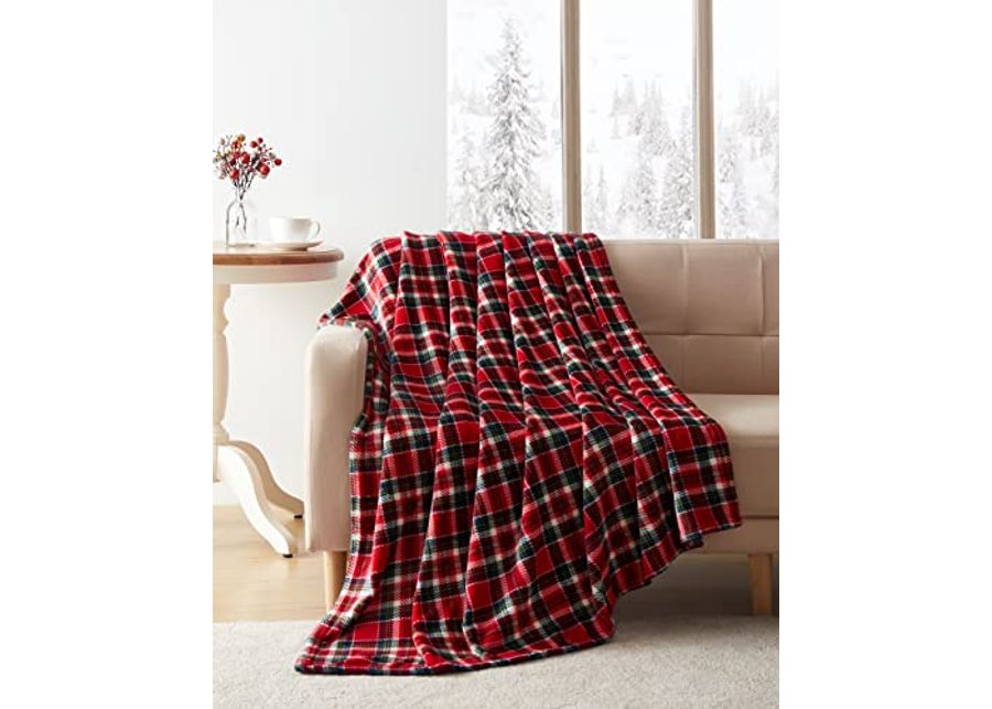 Tahari Home - Throw, Plush Throw Blanket, Plaid Home Decor (Holiday Red, 50" x 70")