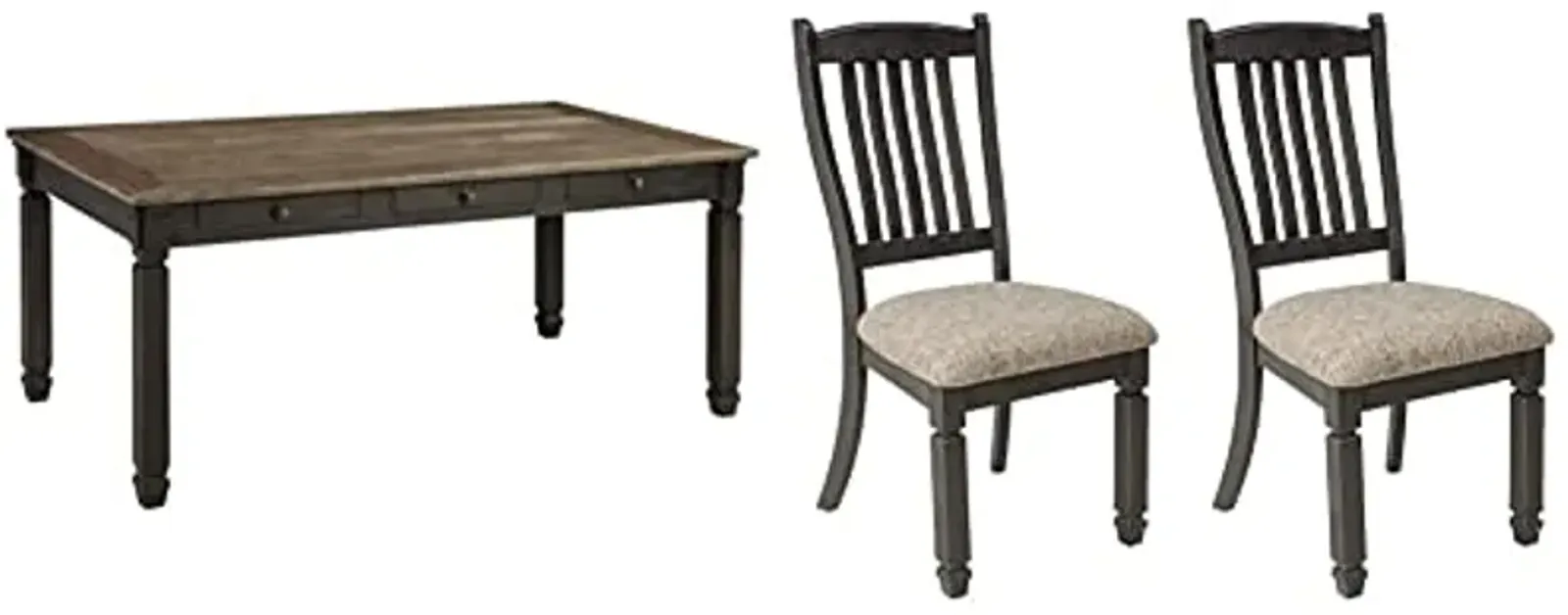 Signature Design by Ashley Tyler Creek Farmhouse Dining Table with Drawers, Seats up to 6, Almost Black & Tyler Creek Dining Room Upholstered Chair, Set of 2, Antique Black