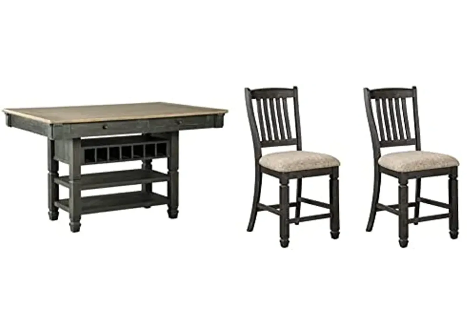 Signature Design by Ashley Tyler Creek Farmhouse 36" Counter Height Dining Table with Wine Rack, Amost Black Tyler Creek Farmhouse 24.38" Counter Height Upholstered Barstool, Set of 2, Almost Black